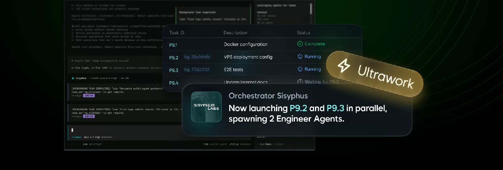 Konsol orkestrasi Cerberus: terminal agen dan tabel tugas paralel dengan status eksekusi