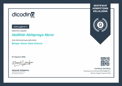 Pratinjau sertifikat Belajar Dasar Data Science