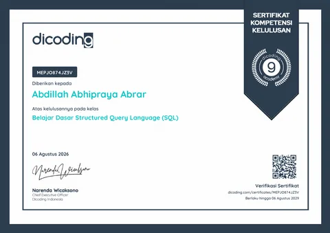 Pratinjau sertifikat Belajar Dasar Structured Query Language (SQL)
