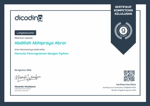 Pratinjau sertifikat Memulai Pemrograman dengan Python
